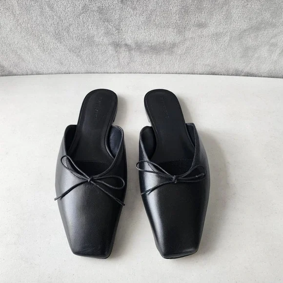Everlane Ballet Mule Flats Womens Size 9 Leather Black Square Toe Shoes Bow NIB - Picture 3 of 13